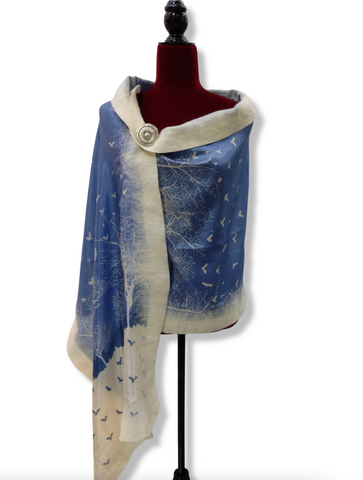 Pashmina Aves color azul orilla blanca